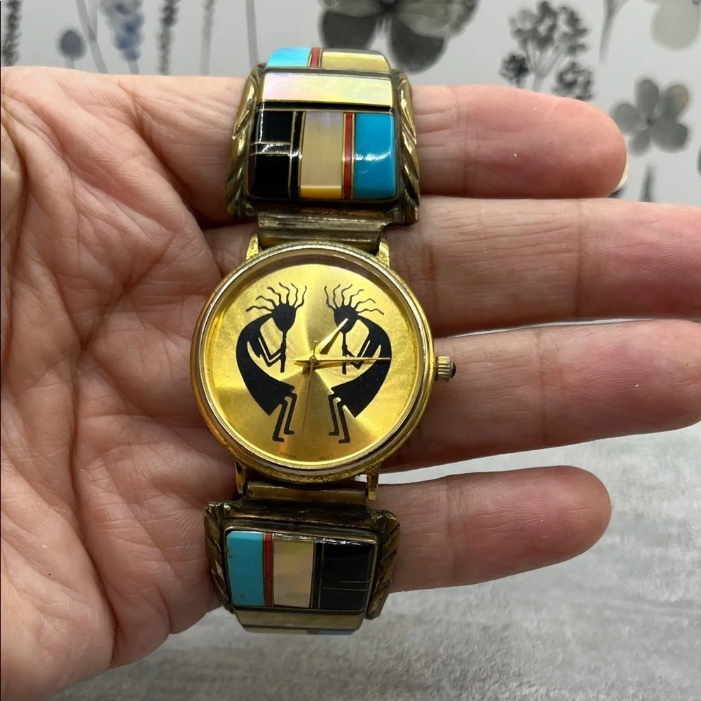 Watch Tip Albert Yazzie Gold Watch 925 Colorful Turquoise Onyx MOP Coral VTG